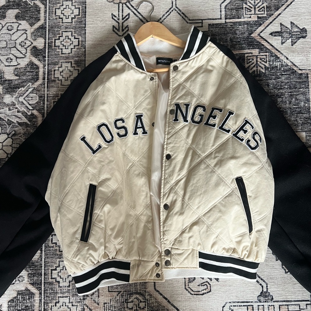 PrettyLittleThing Black and Cream Los Angeles Bomber Jacket